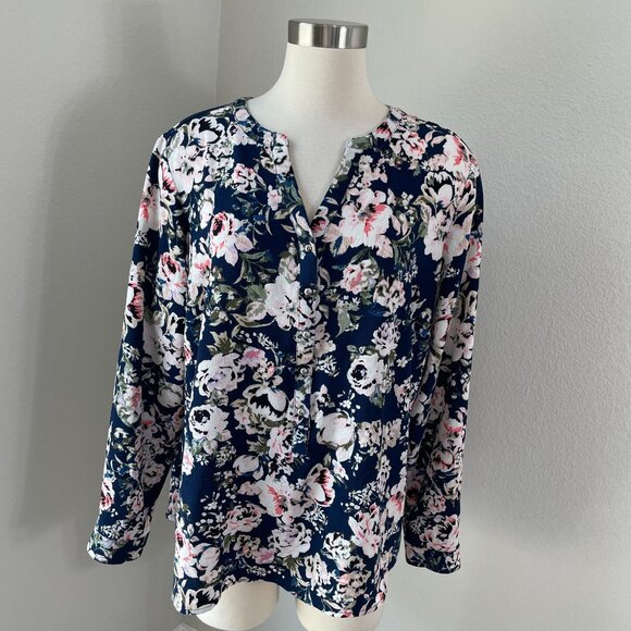 Roz & Ali Womens Plus 1X Floral Long Sleeve Blouse Shirt V Neck Top - Picture 1 of 10